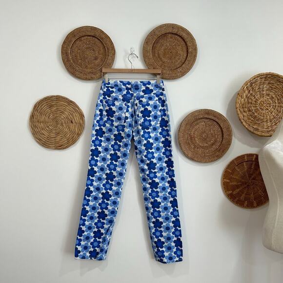 Zara Blue White Hippie Button Fly Funky High Rise Floral Straight Leg Jeans 6 - Picture 3 of 8
